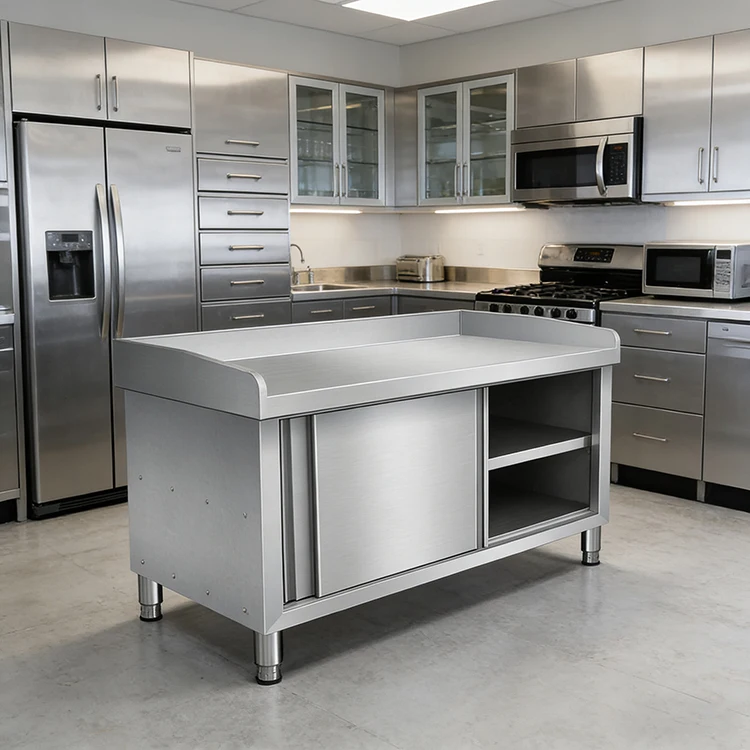 Commercial Kitchen Stainless Steel Worktop Sliding Door Console Storage Cabinet Cutting Table For Restaurant Sink Chopping Board