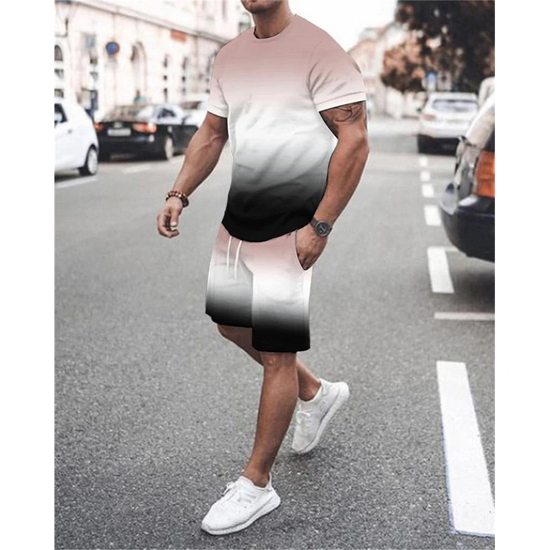 Abstract Gradient 3D Print T-Shirts Shorts Sets Men\'s Casual Fashion Oversized Short Sleeve T Shirt Pants Set Man Suits Clothing