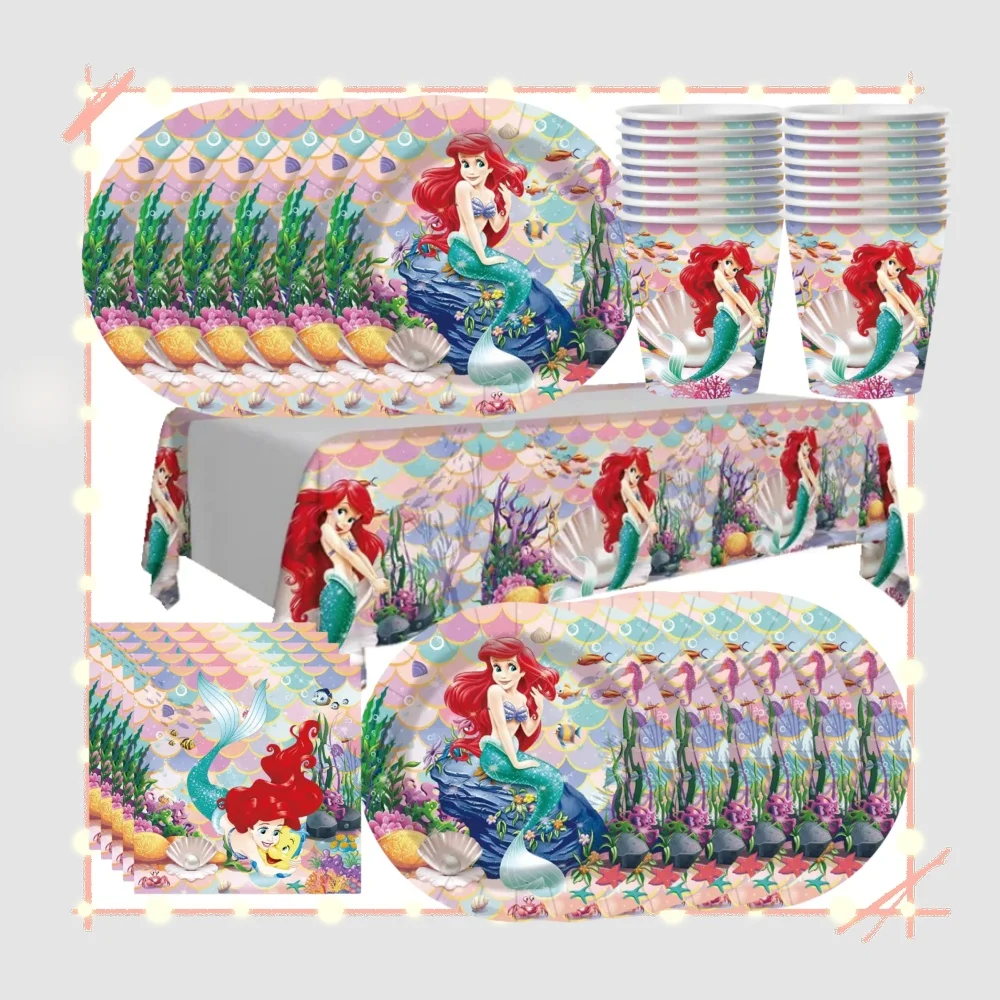 Ariel sirène princesse décorations de fête d'anniversaire ballon vaisselle assiette tasse nappe bannière décorations de fête faveurs Supplie