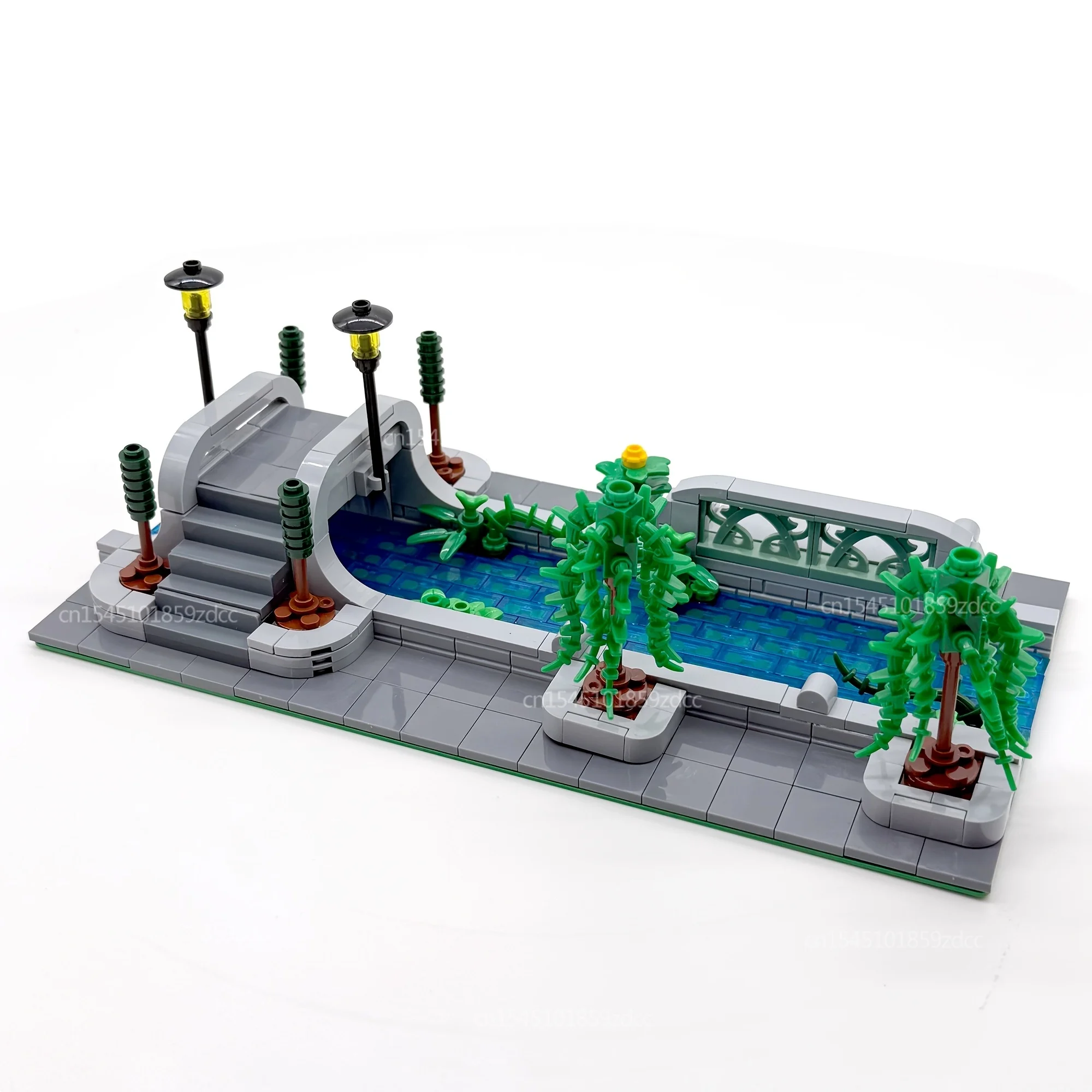 MOC City Street View-Juego de bloques de construcción de canal Modular, parque, puente de río, lámpara de calle, escena de ladrillo, MOC-71188, juguetes de bloques de construcción