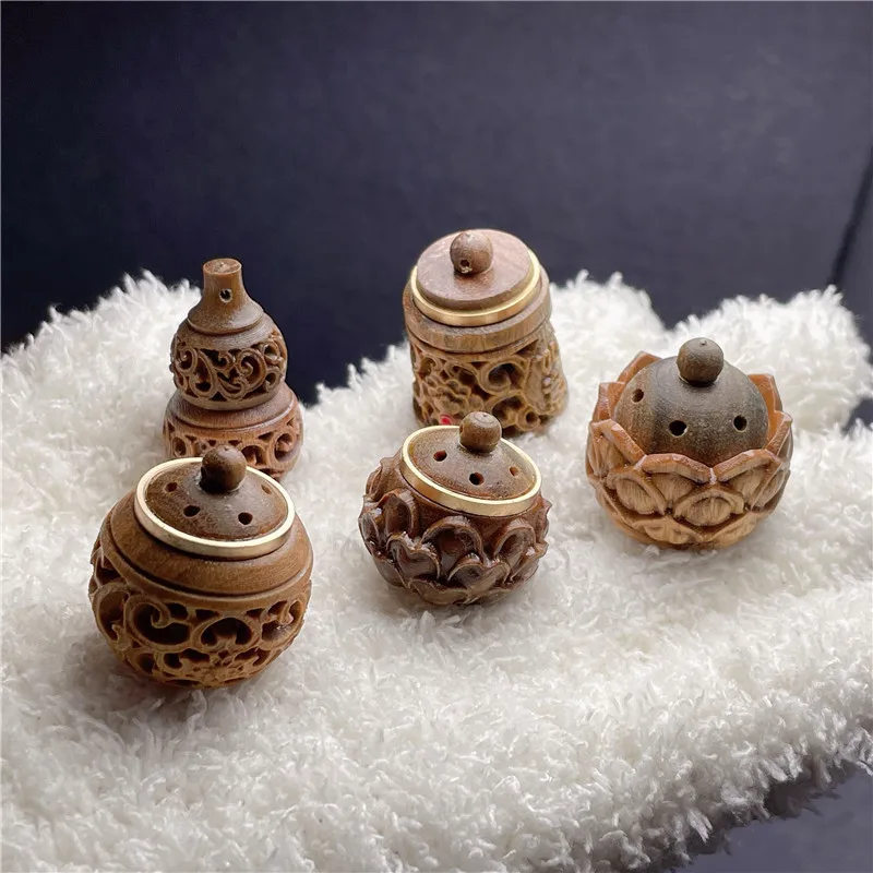 Natural Wood Perfume Bottle Incense Expanding Mini Sandalwood Portable Sealed Jar Pendant Pomander Container Medicine Pill Box