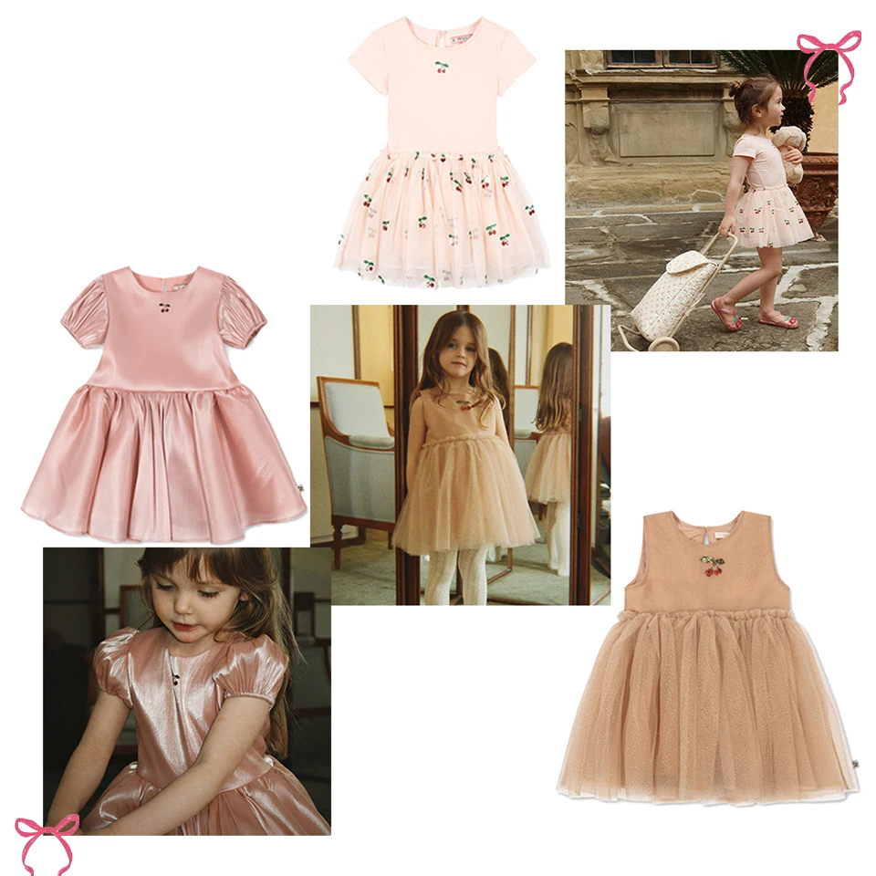 

2026 New Children's Clothing KS Cherry Series Mesh Dress Short Sleeved Shiny Dress Sleeveless Vest Sweet Dress