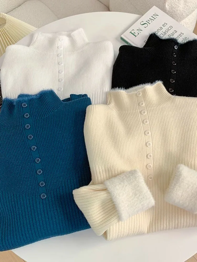 

Женский вязаный свитер Thiened Fce на подкладке Long Sve с высоким воротником, ранняя осень, новая корейская версия B...