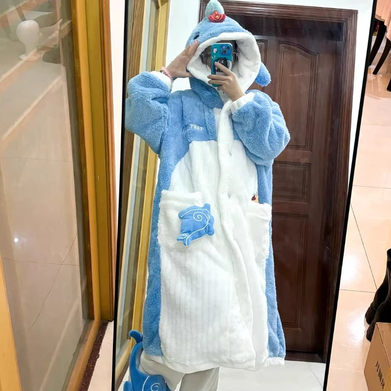 

Genshin Impact Whale themed Women's Winter Coral Fleece Pajamas Thickened Tartaglia Style Anime Nightgown Loungewear
