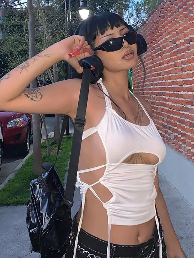 Y2K Sexy Backless Summer Crop Top Women Hollow Out 2025 White Sleeveless Bandage Halter Tank Tops Streetwear Cami 90s