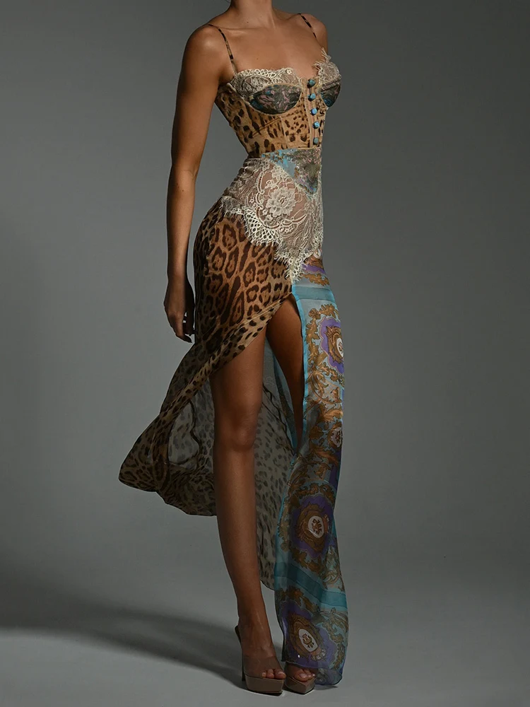 Mozision Leopard Print Lace Split Sexy Maxi Dress Women Gown Elegant Patchwork… - Image 5