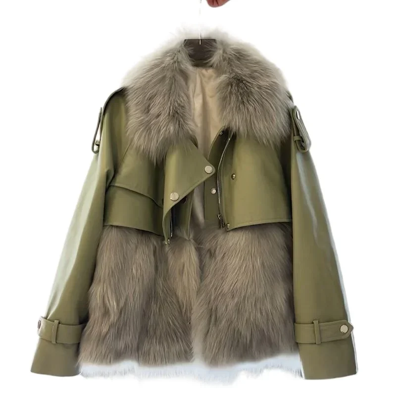 Winter Elegant Women Faux Fur Coat Patchwork Fur Collar Fur Leather Jacket Green Warm Fuzzy Outerwear Luxury Short Jacket 2024