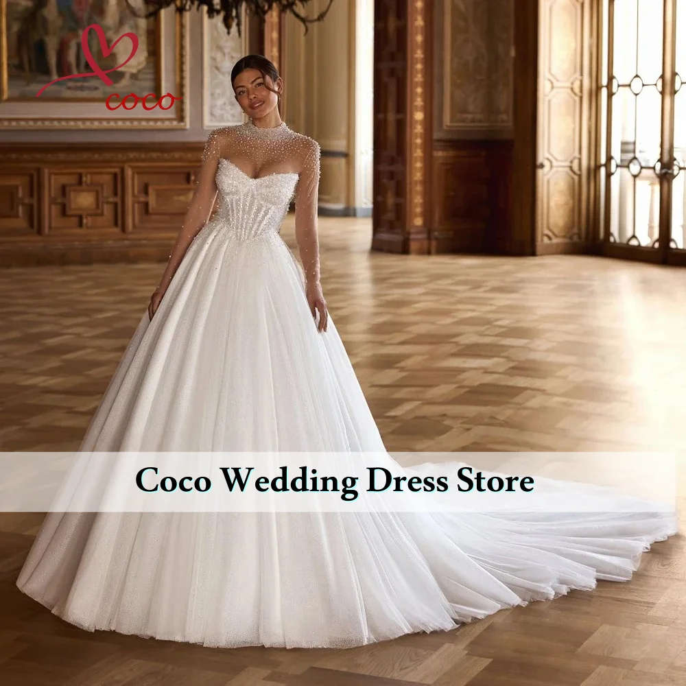 

Свадебные платья из тюля с иллюзией и круглым вырезом по индивидуальному заказу, свадебные платья с длинными рукавами и жемчугом, расшитые бисером и соборным шлейфом