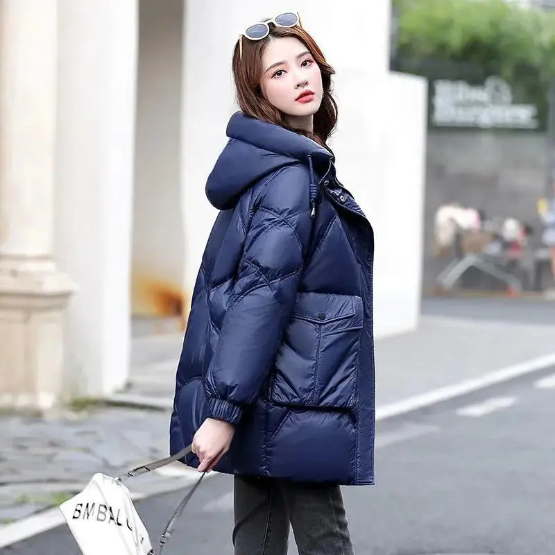 

2026 Hooded Cotton Coat Women's Mid-Length Winter Jackets Elegant Parkas Thick Down Padded Jacket Black Large Size Outwear