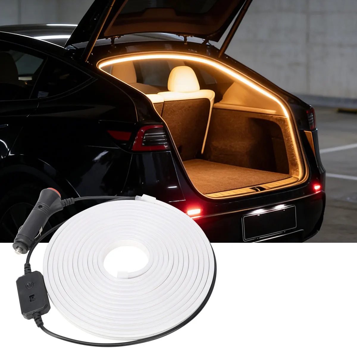 Fita de LED flexível para porta-malas de carro de 4,3m com entrada para cigarros, para Tesla Model Y 3, lâmpada decorativa interna de silicone para porta-malas, branco quente
