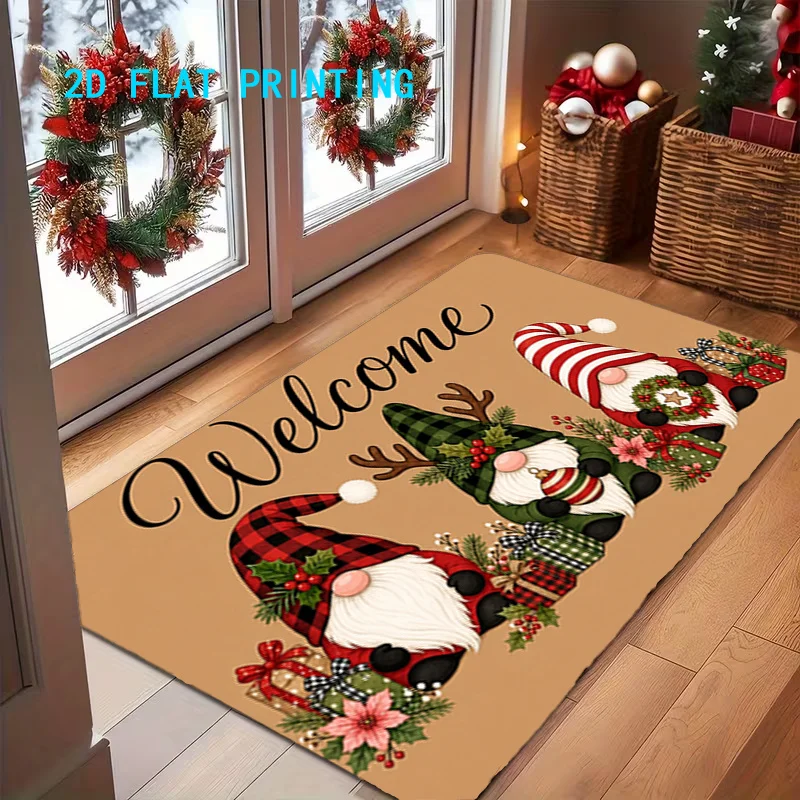 Christmas Festival Rug Welcome Three Gnomes With Antler And Gift Print Doormat For Living Room Ornament