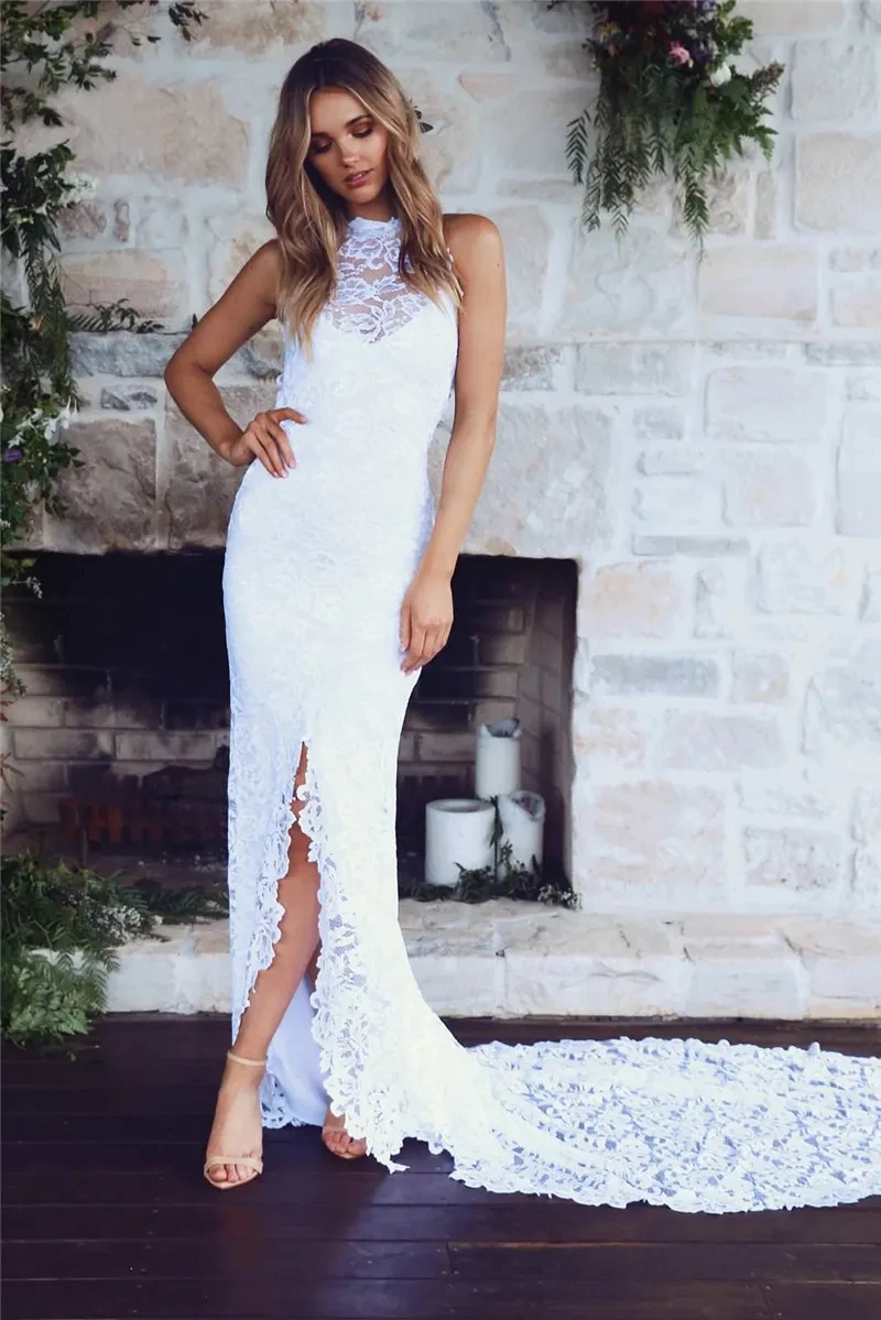 

Front Slit Boho Wedding Dress Lace Backless Long Bridal Gowns Sleeveless Summer Beach Vestidos De Novia Customized