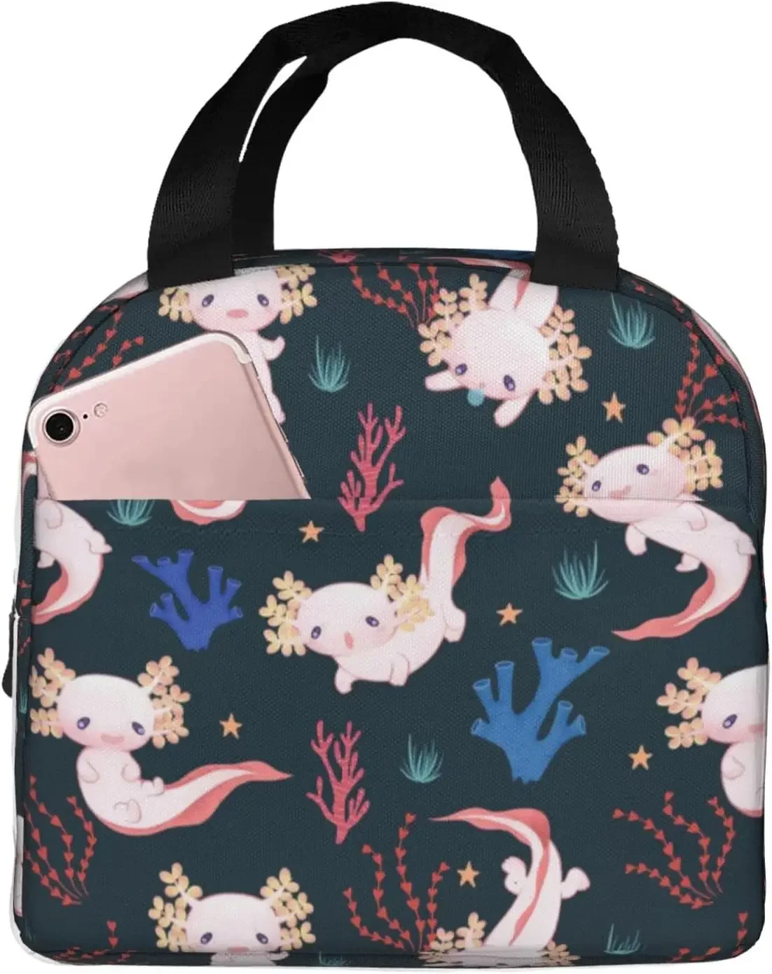 Kawaii Lunch Bag Axolotls Insulated Lunch Box for Women Men Reusable Portable Lunch Bento Tote for School Work Picnic Hiking