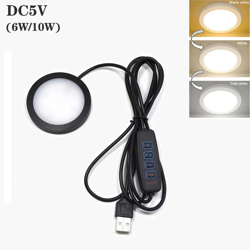 6W/10W LED 3 Colors Changeable USB LED Dimmable Mini Panel Lamp Storage Cabinet Kitchen Closet Indoor Mini Ceiling Spotlight