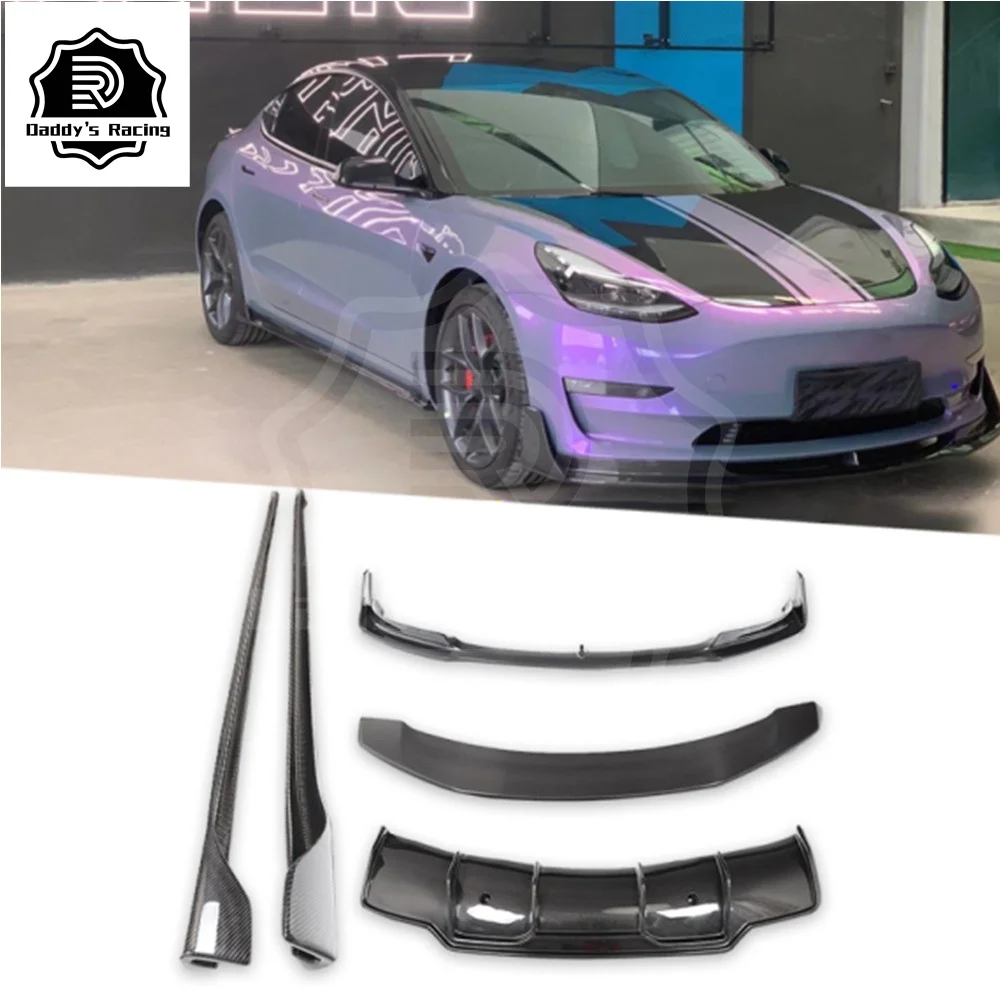 Carbon Fiber Front Lip Rear Diffuser Side Skirts Trunk Wing Spoiler Fit For 2017-2019 Model 3 V Style Body Kit Set Car Tuning