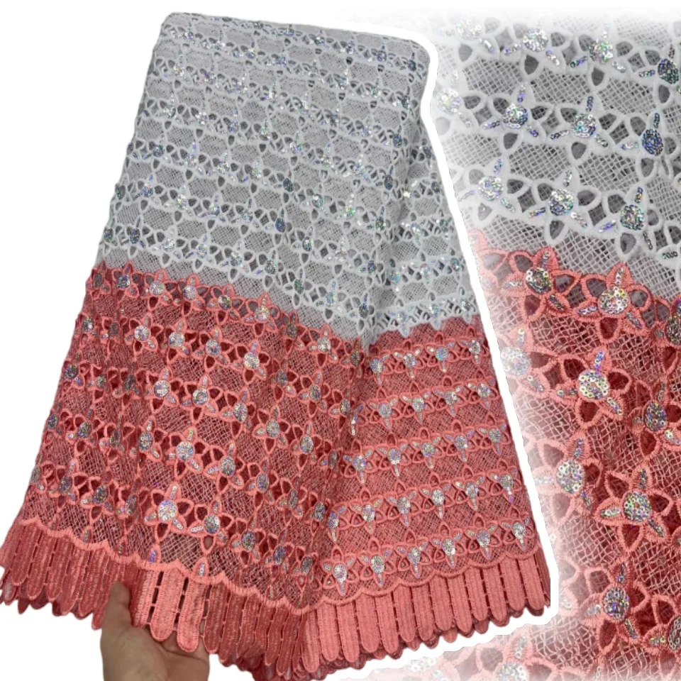 

African Guipure Cord Lace Fabric with Sequins 2025 High Quality Nigerian Guipure Cord Lace for Sewing Wedding Dress AH1754
