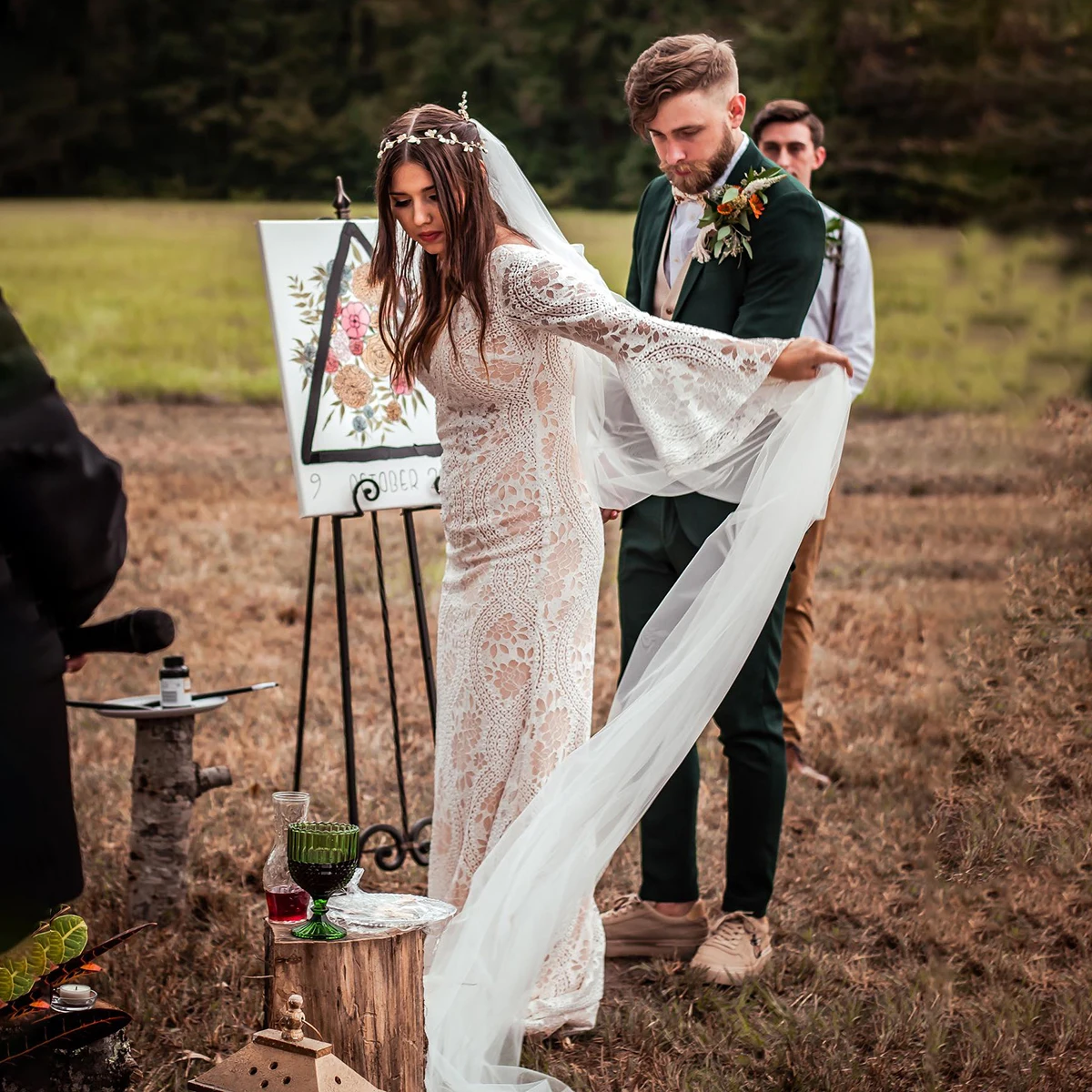 Lange Schlag ärmel böhmische Brautkleider Meerjungfrau V-Ausschnitt Criss Cross Schnürung mit offenem Rücken Hippie V-Ausschnitt appliziert Brautkleid