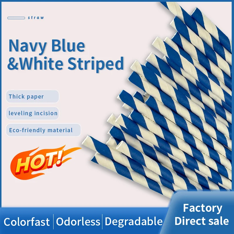 

600 Pcs Dark Blue Stripe Biodegradable Straw Paper Material Food Grade Drinking Straw Restaurant Bar Hotel Disposable Tool Decor