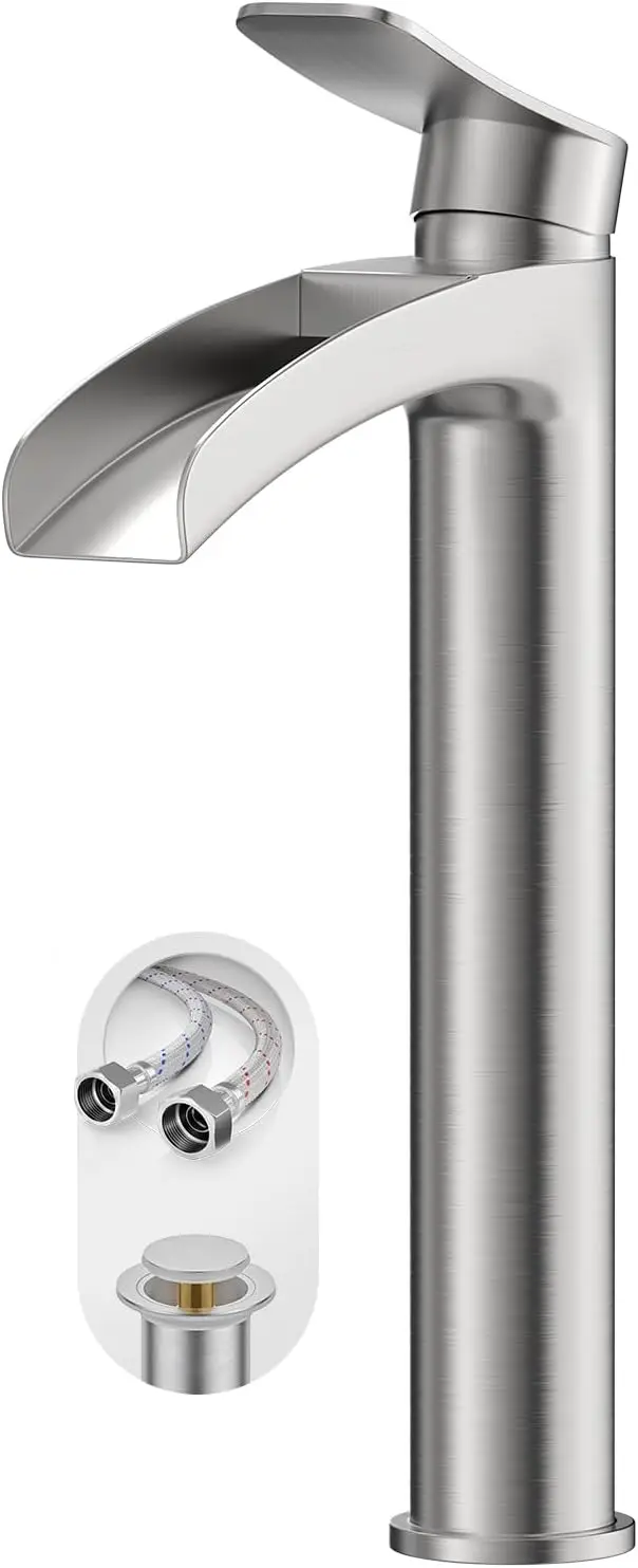 

Высокий смеситель для ванной комнаты с водопадным изливом, однорычажный, матовый никель, с выдвижным сливным клапаном и подводящим шлангом, современный, для установки над раковиной