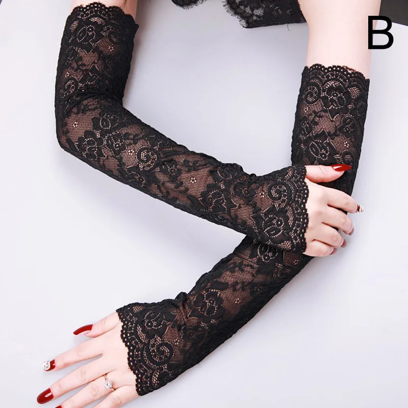 Long Lace Hollow-Out Fingerless Gloves Sun Protection Sleeves Mesh Lace Thin Cycling Sexy Accessories Black Bare Finger Gloves