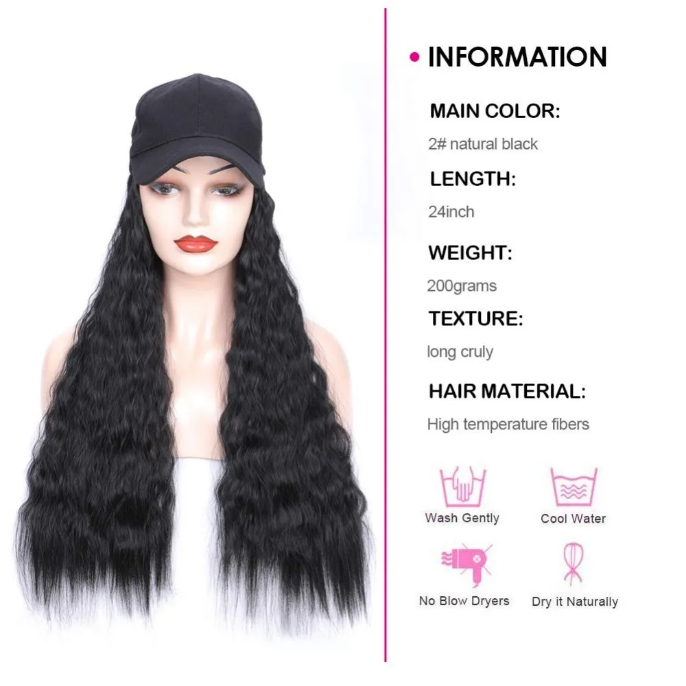 عبوة واحدة من قبعة بيسبول صناعية مموجة بطول 60.96 سم مع قطعة شعر مجعدة ( # 4 أسود بني مجعد) #3