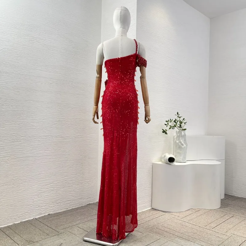 Women's Red Cut Out One Shoulder Elegant Diamonds Sequined New Fashion 2024 Side Slit Maxi Dresses for Party