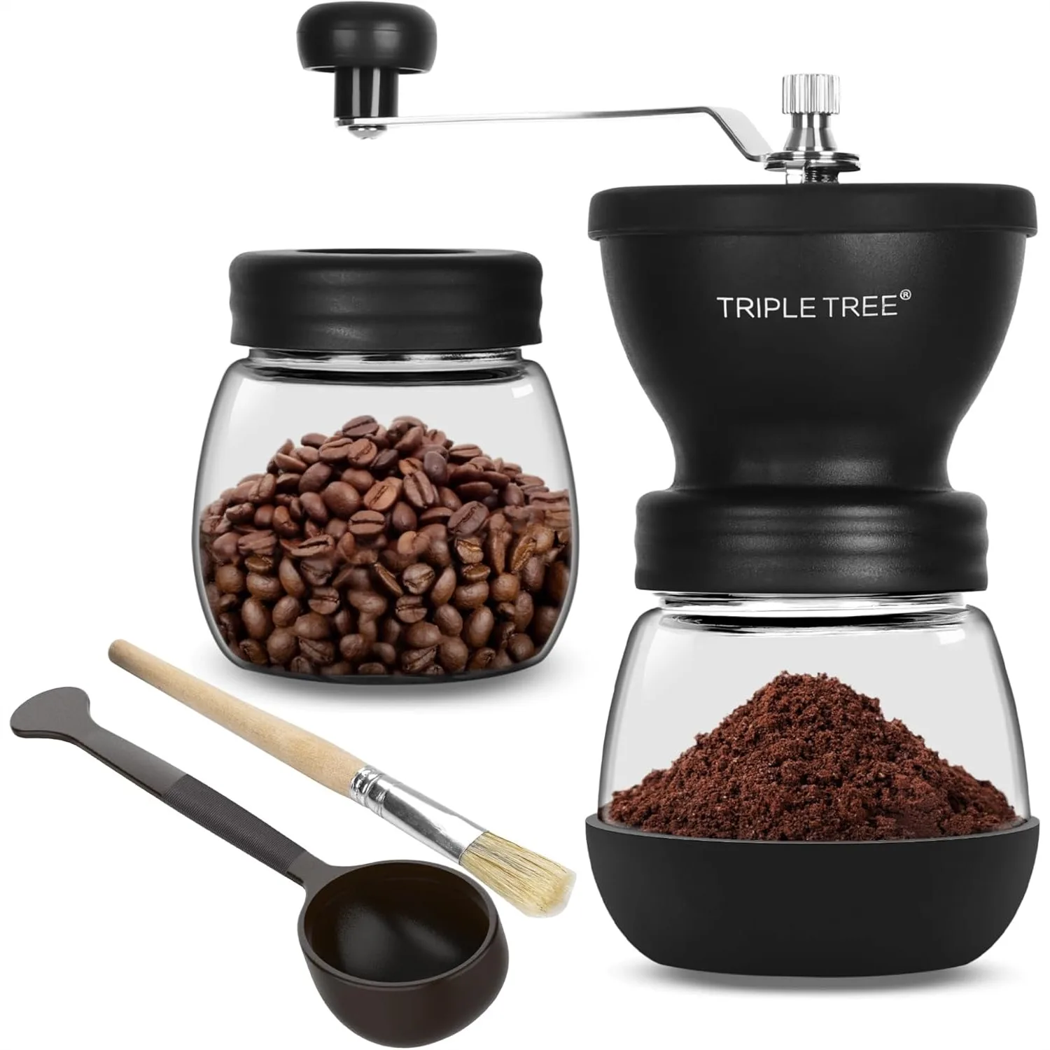 

Manual Coffee Grinder with Ceramic Burrs, Adjustable Settings, 2 Glass Jars for Home & Camping