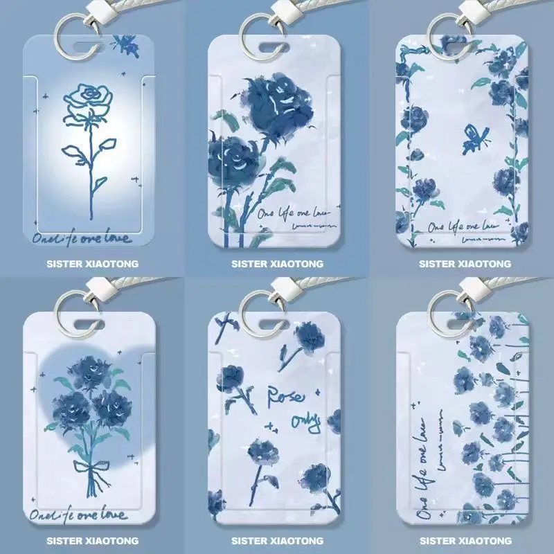 Blue Rose Minimalismo Porta badge da donna Portachiavi Porta carte d'identità di credito Borsa per badge Studente Campus Porta carte con cordino Protezione per foto
