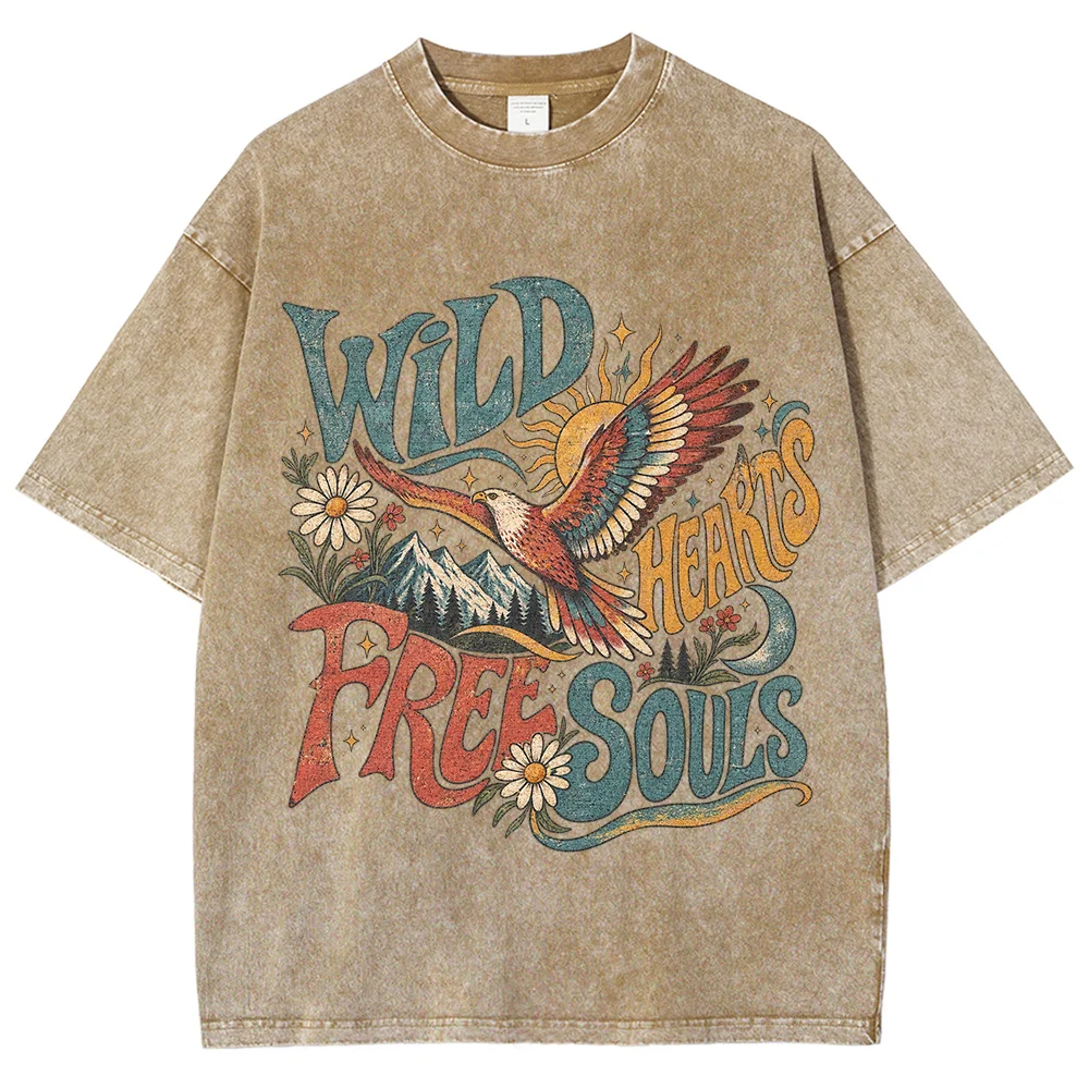 Unisex Wild Hearts Free Souls T Shirt Vintage Eagle Graphic Tees Western Country Loose Short Sleeve Tops Acid Wash Streetwear