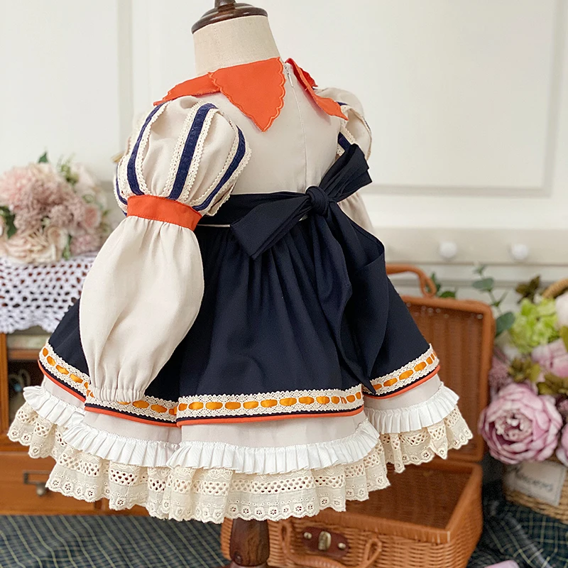 Spain Children thanks giving day Dress Girl Retro Classic Style Quality Embroidered Dress Large Lapel Baby Girl Christmas Dress