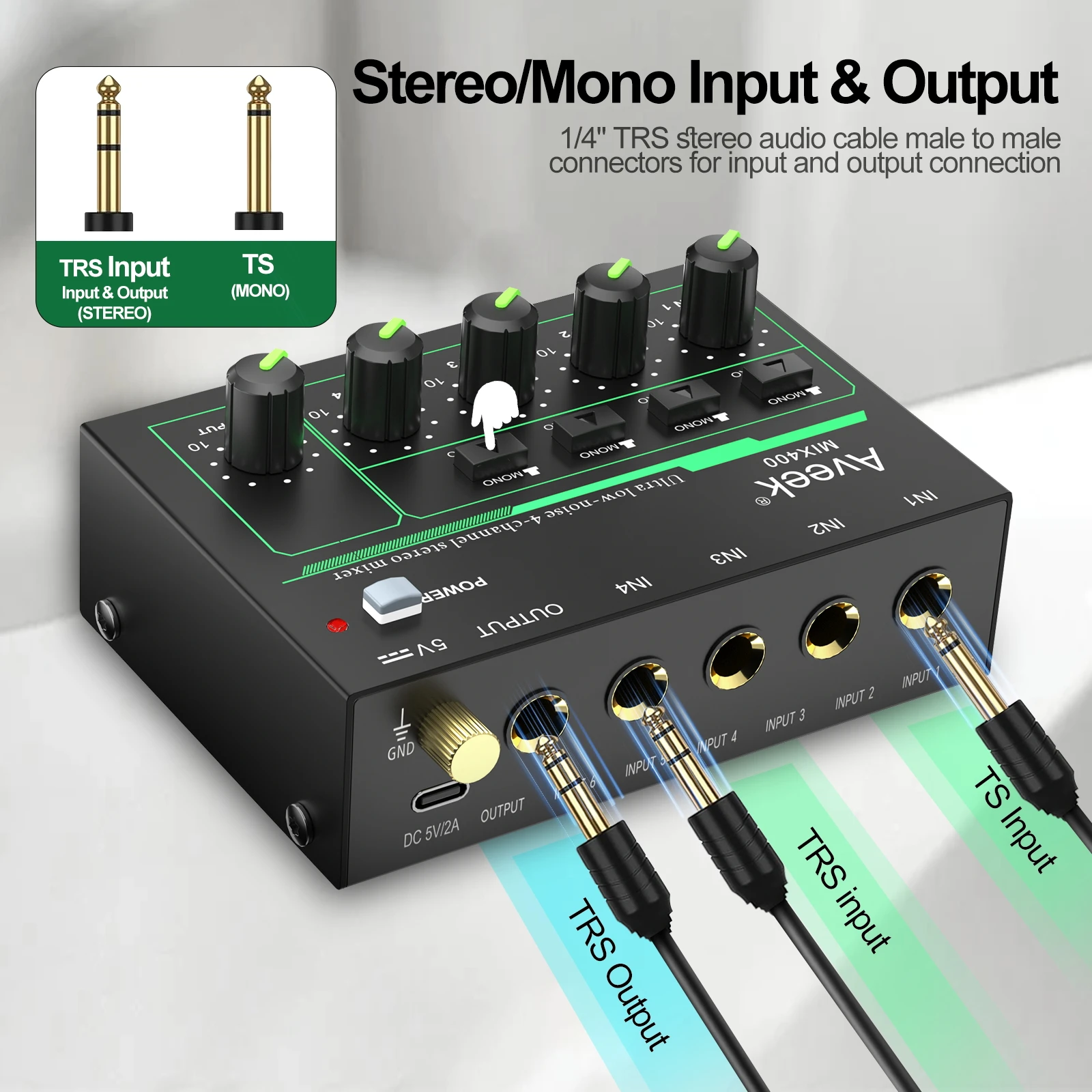 Aveek 4 Channel Mixer - Mini 4 Stereo Audio Mixer, Low-Noise for Precision Sub-Mixing,1/4\
