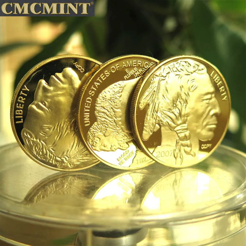 عملات معدنية قابلة للجمع سعة 1 أونصة من النحاس المطلي بالذهب على شكل رأس هندي بوفالو