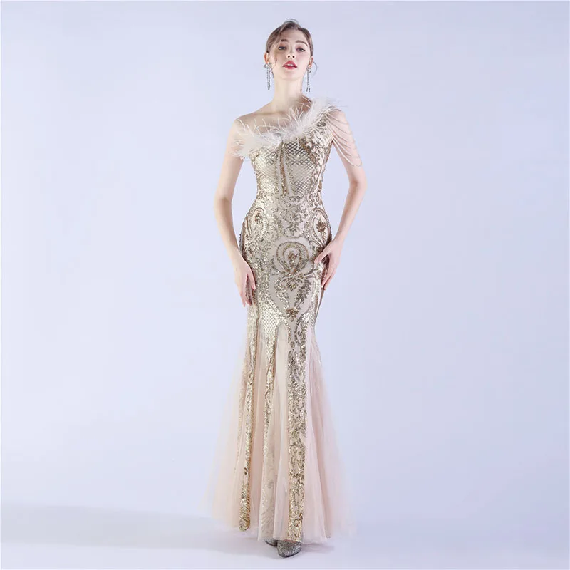 DongCMY New Beaded And Ostrich Fur High-end Sequined Gold Evening Dresses Elegant Party Gowns For Women 2025