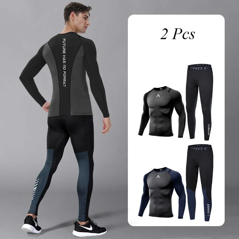 Spring Autumn Fitness Set Men's Tight Long Sleeve Quick Dry Training Suit Sports Running Football Basketball Base Clothes Top