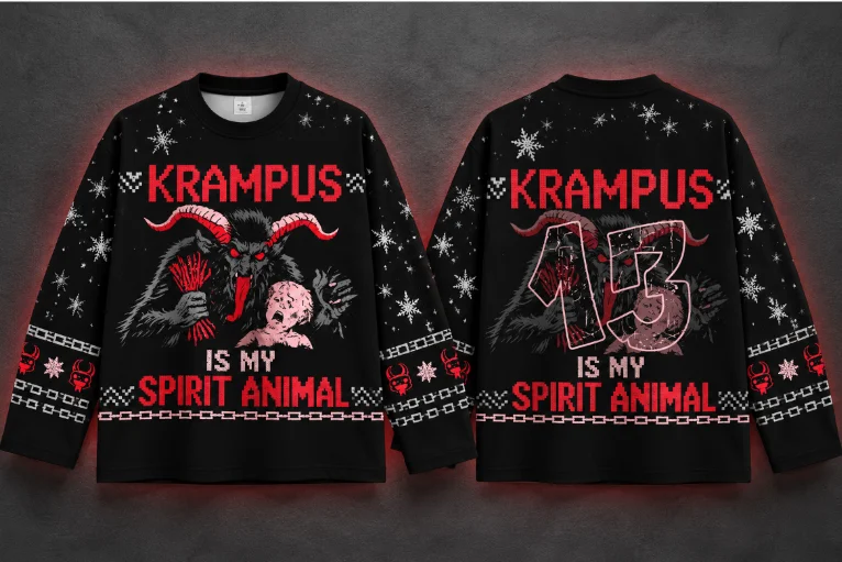 Gothic Krampus 13 Number Long Sleeve T-shirt DarkChristmas Style Graphic Long Sleeve Tee Devil Print Unisex Street Longsleeve