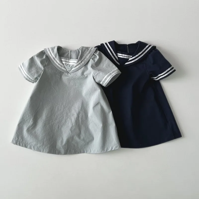 

2026 Summer New Girls Sailor Collar Dress Thin Cotton Children Short Sleeve Causal Dress For Baby Girl Loose Princess Dress