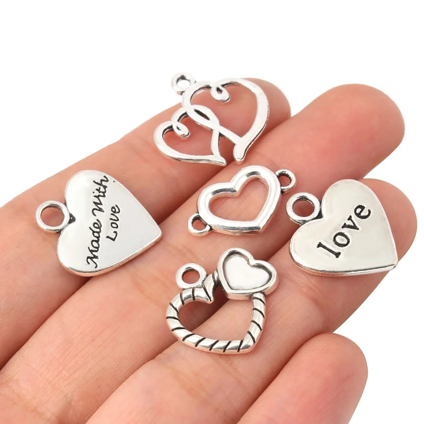 Silver Color Love Heart Shape Pendant English Lettering Alloy Charms Jewelry Making DIY Earring Necklace Bracelet Findings 10pcs