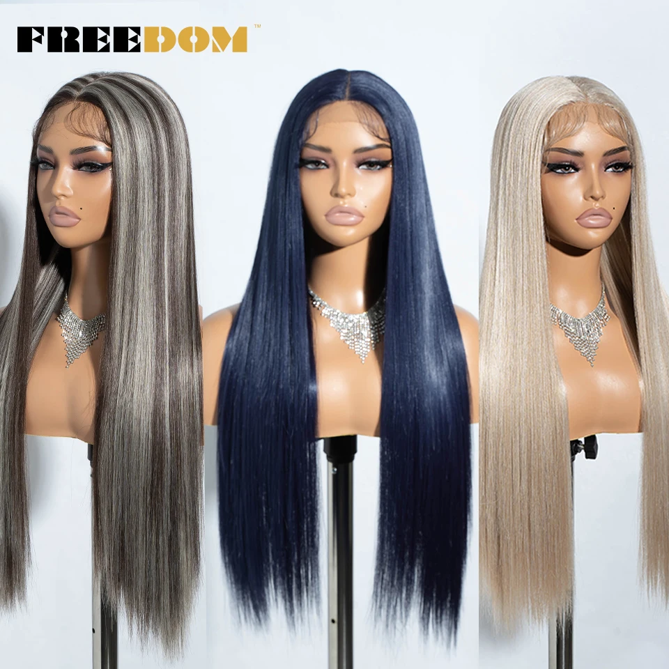 FREEDOM Synthetic Lace Front Wigs For Women Long Straight 30 Inch Ombre Blue Blonde Lace Wig Easy Wear Cosplay Wigs