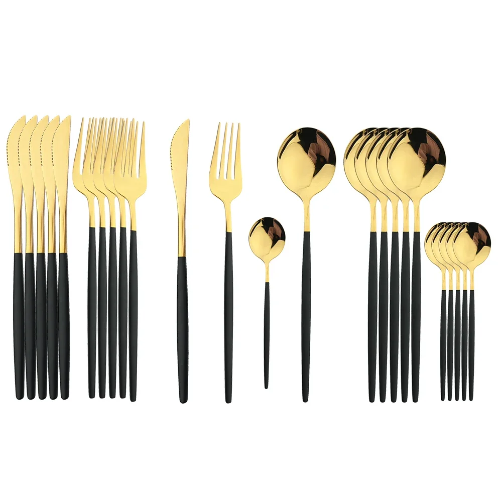 24Pcs Stainless Steel Cutlery Set Western Knife Fork Spoon Dinner Dinnerware Set Kitchen Mint Green Gold Flatware Tableware Set