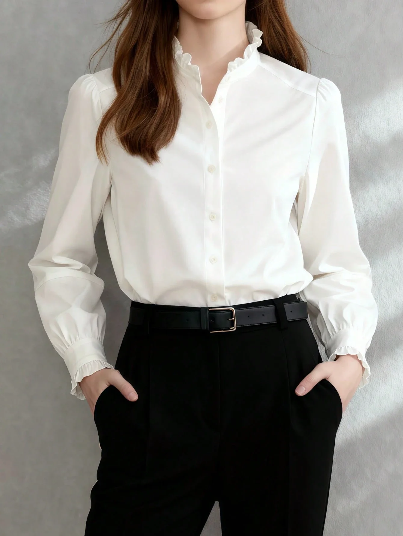 

Elegant White Blouse With French Frill Collar Long Sleeve Office Shirt