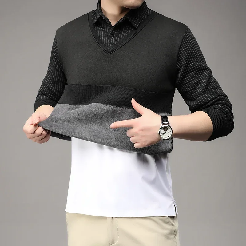 LIBIELIY الرجال الشتاء سترة المخملية البلوز بلون سليم صالح أنيقة فاخرة العلامة التجارية وهمية قطعتين محبوك البلوزات