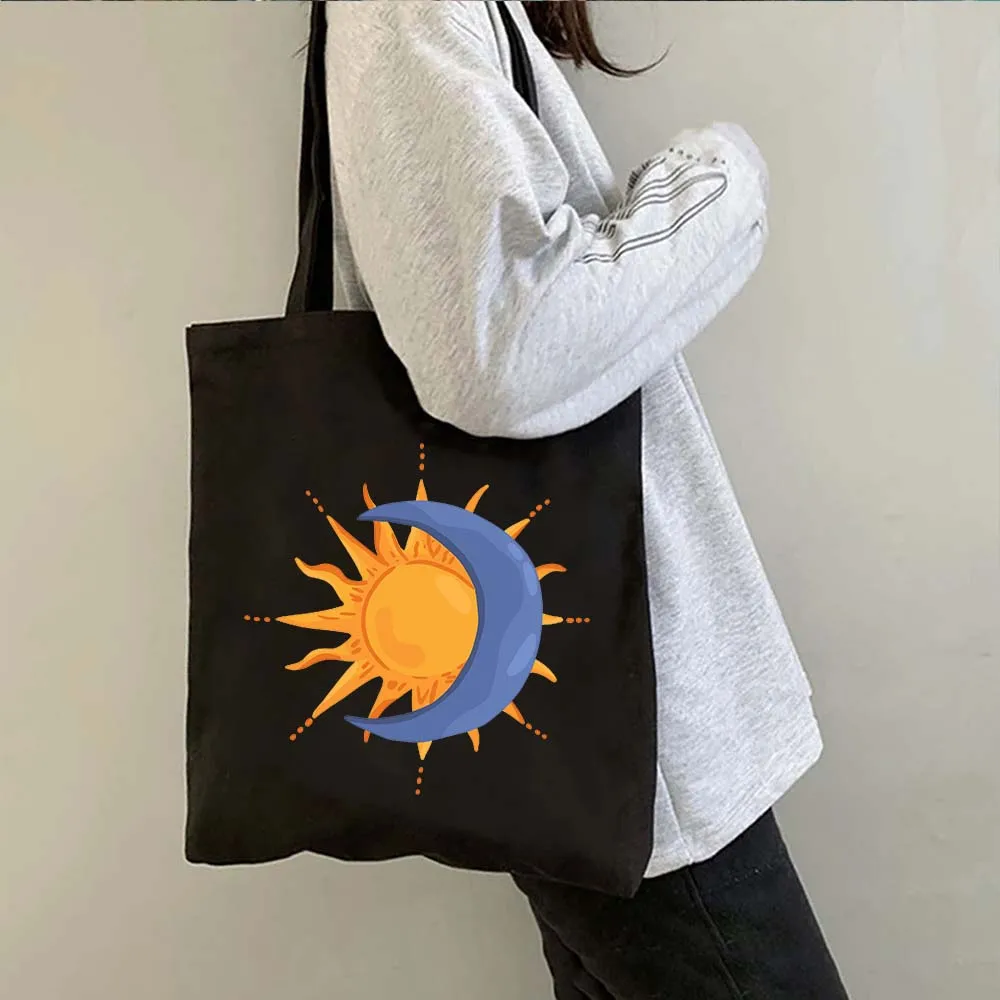 Vintage místico Celestia Eclipse Solar sol y luna diosa estrellas línea abstracta dibujo lienzo bolso de mano bolsos de compras de algodón