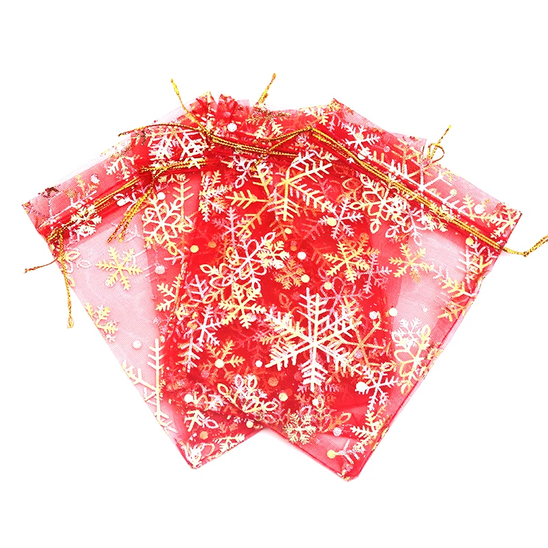 7x9cm Red Snowflake Organza Bag Jewelry Cosmetic Packaging Cloth Tulle Bags 100pcs White Drawstring Pouches Wedding Gift Bags