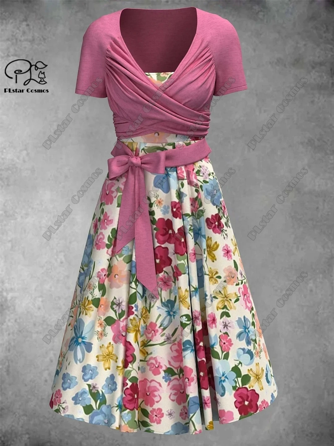 3D Printed Flower Color Gradient Floral Summer A-Line Suspender Skirt Bow Twill Top Ladies Two-Piece Set Series   2