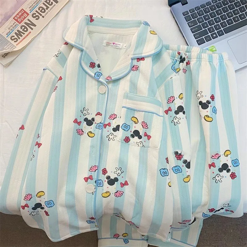 Cartoon Mouse Pajama Sets For Woman Winter Warm Quilting Knitted Cotton Sleepwear Cute Soft Long Sleeves Button Nightwear Pants