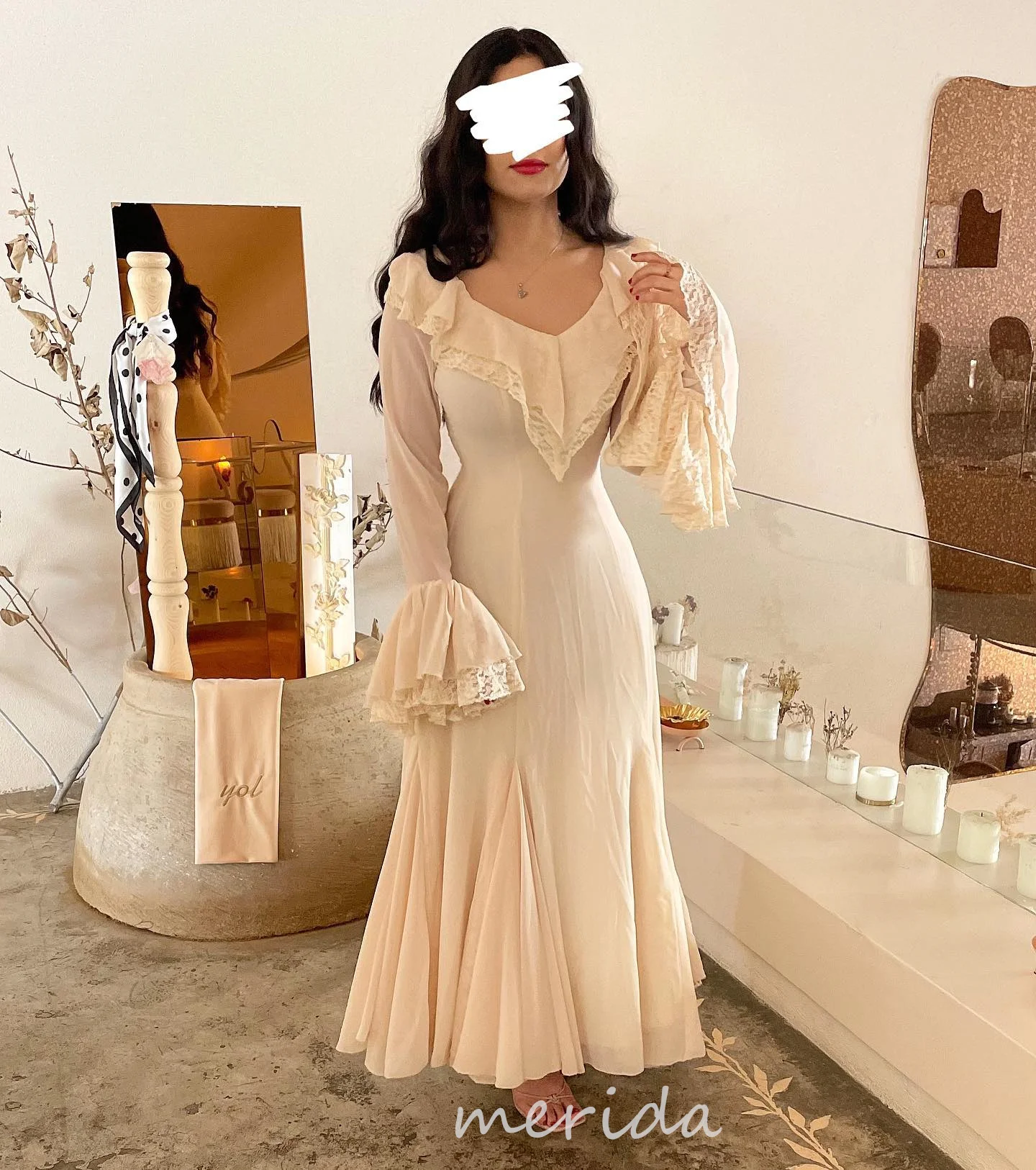 

Merida Simple Saudi Arabia Lace Ruffled Long Sleeve Vestidos De Noche A-Line Pleated Chiffon V-Neck Prom Dress Ankle-Length