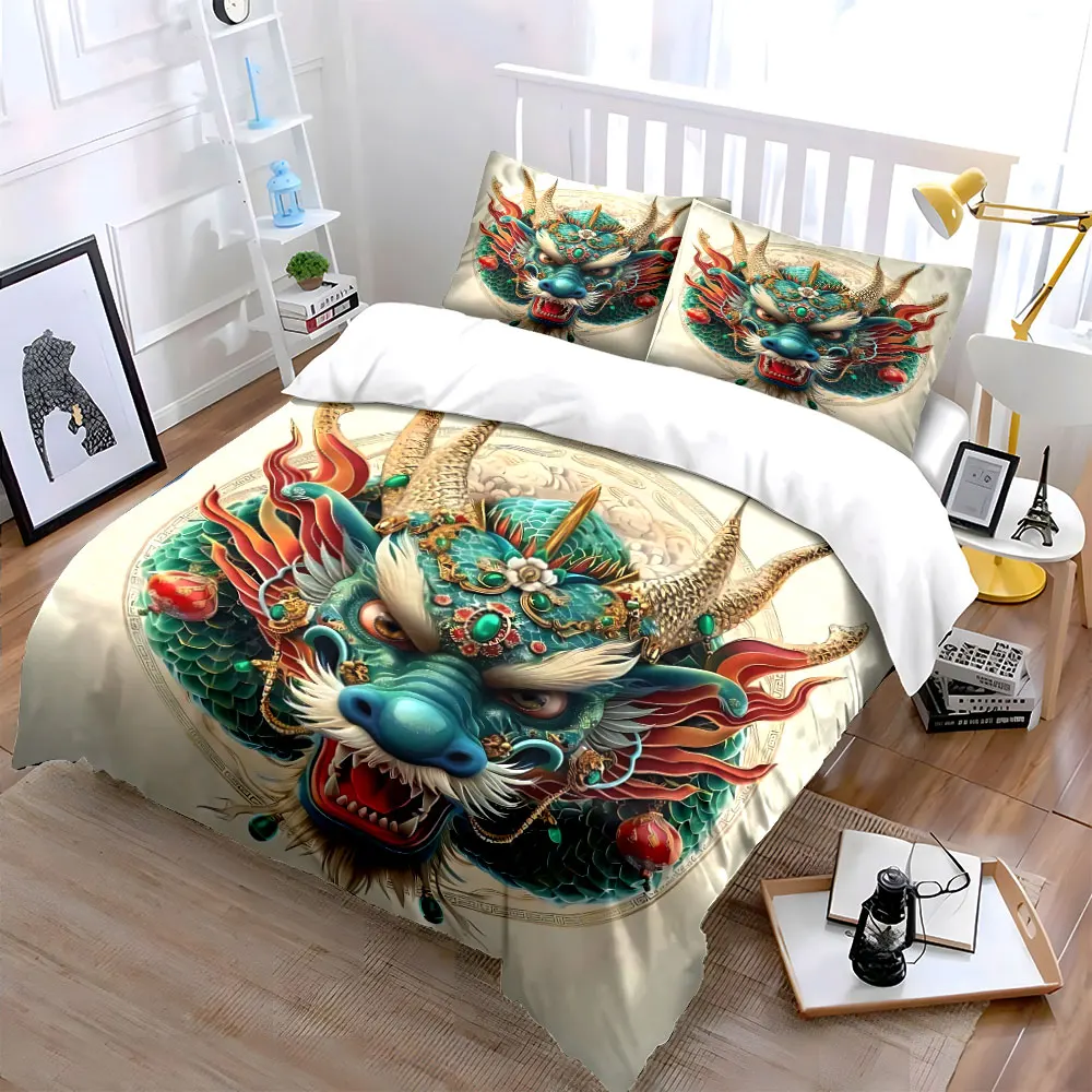 3Pcs Ornate Green Chinese Dragon Head Duvet Cover Set, Gold Gem Traditional Bedding Single Double King Queen, Gift