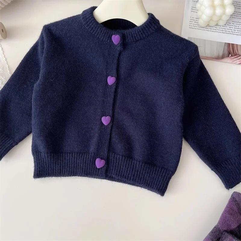 Girls Autumn Fashion Set Heart-Shaped Button Sweater Coat And Checked Skirt Two-Piece Outfit for Girls