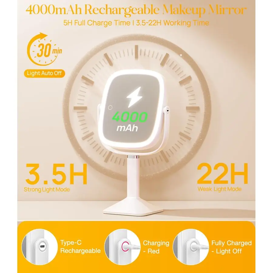 Rechthoekige verlichte make-upspiegel met verlichting en 1X 7X vergrotende spiegel, in hoogte verstelbaar en 4000mAh oplaadbaar voor slaapkamer,