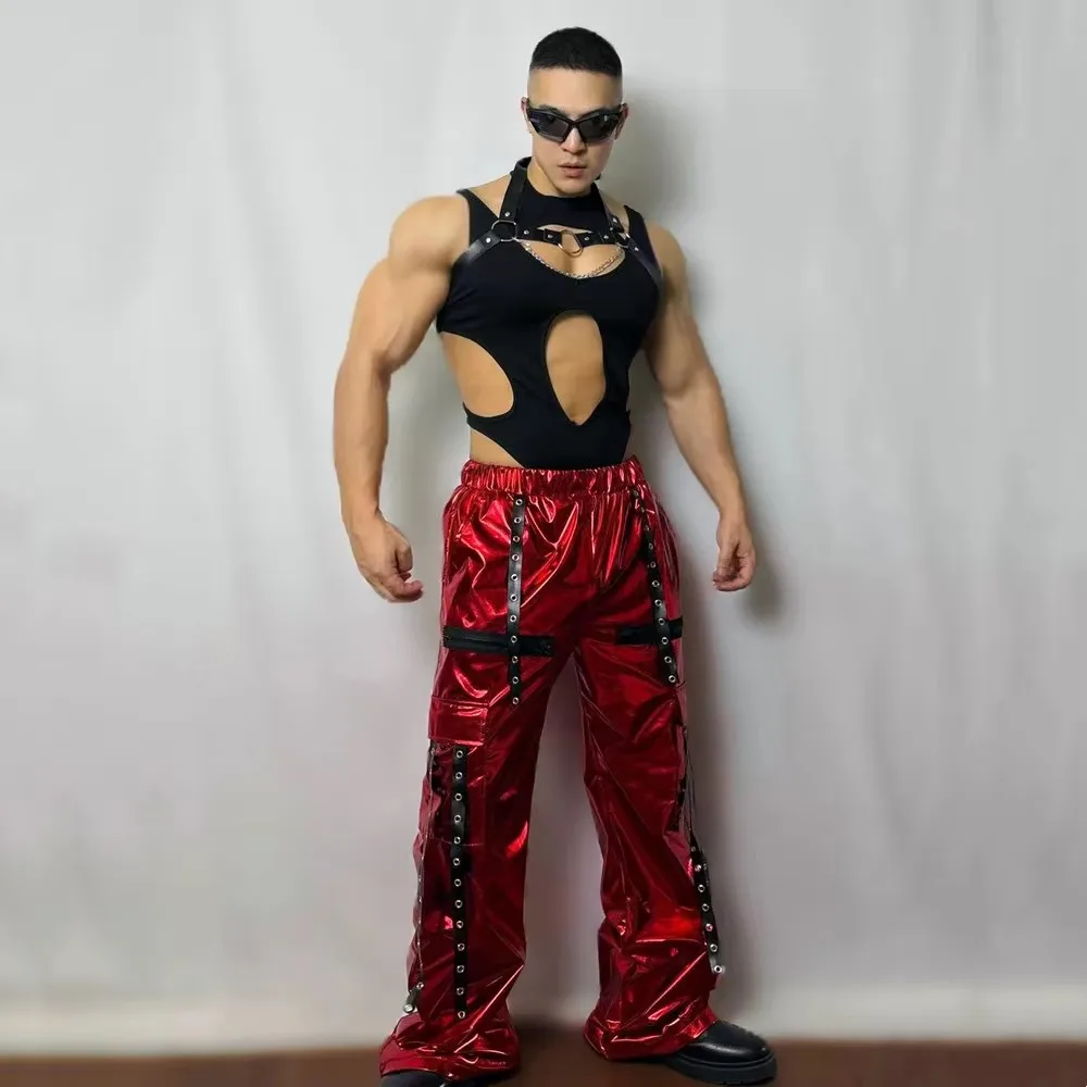 

Men's Red Leather Jazz Dance Set Wide Leg Pants Hip Hop Performance Costume Gogo Dancers Singers Nightclub Rave Stage Wear